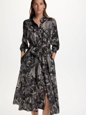 NWOT CH Carolina Herrera Black Patterned Silk Midi Dress, Size US 6